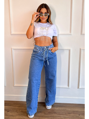 Calça Jeans Wide Leg Modern Denim com Regulagem na Cintura - FULL