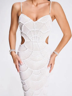 Vestido Midi Bordado com Pérolas Modern Louise - Alta Elasticidade